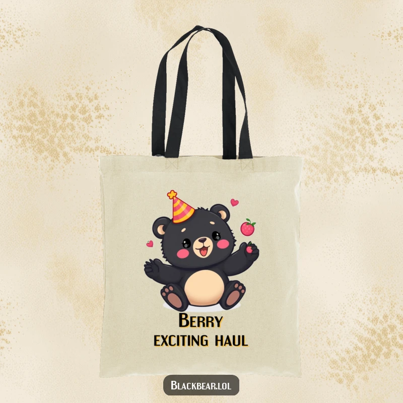 Funny Tote Bag: Playful black bear cub in a party hat, juggling berries with enthusiasm, making it a festive and humorous accessory.
