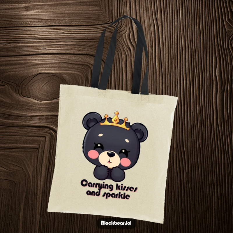 Funny black bear cub tote bag, a cub in a sparkly crown blowing a kiss downwards, a charming and humorous accessory.