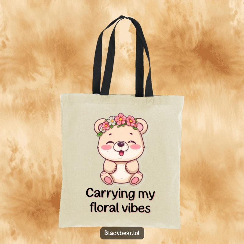 Funny bear cub giggling, adorned with a wonky flower crown, on a durable tote bag, perfect for a humorous carry-all.