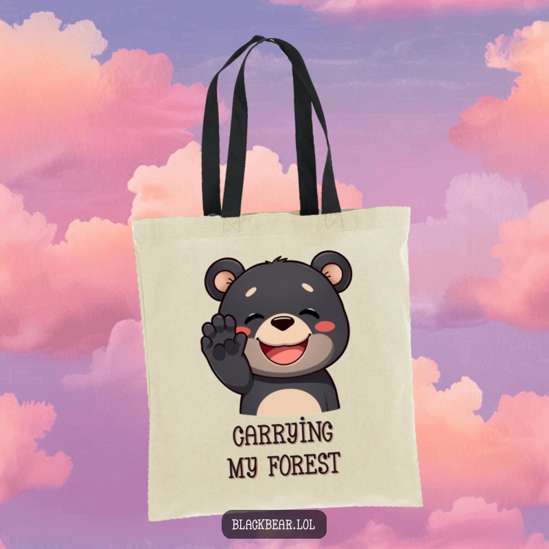 Funny black bear tote bag with a cute black bear waving its paw and a huge, happy grin, functional and funny gift.