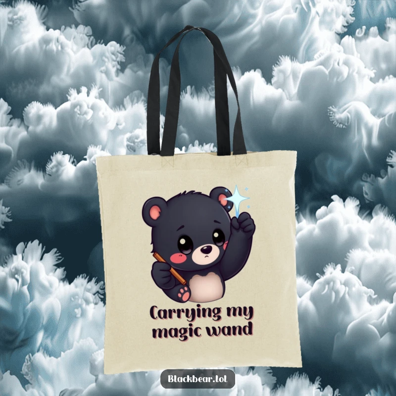Funny black bear cub with big curious eyes reaching for a sparkling wand, printed on a durable tote bag, perfect for magical items.