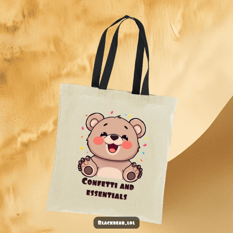 Funny bear cub with a happy expression tossing confetti, printed on a durable tote bag, perfect for carrying party supplies.