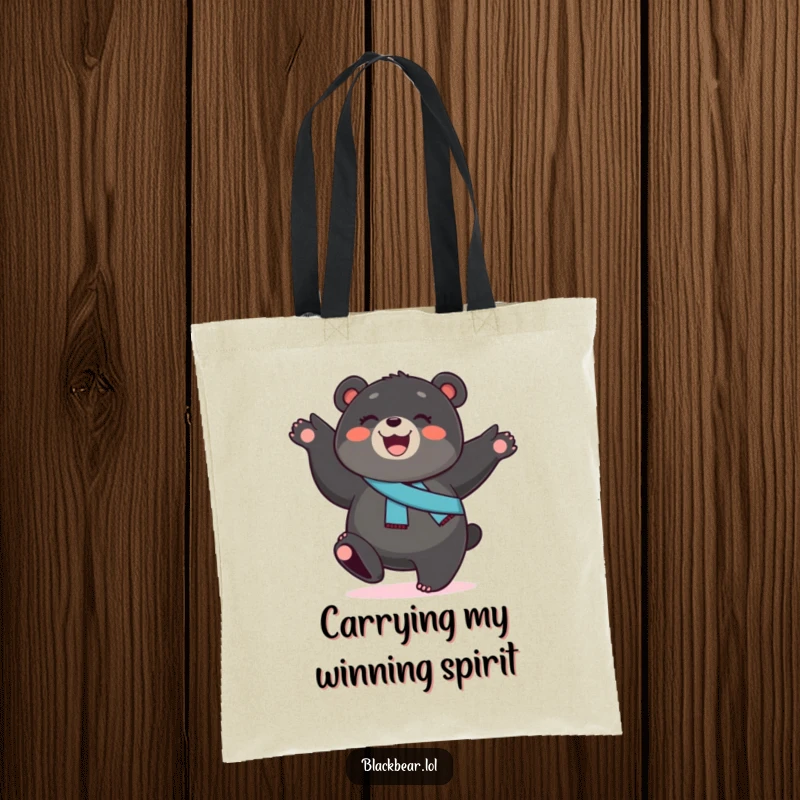 Funny black bear cub tote bag, a smiling cub with a sash, performing a cartwheel, a humorous and energetic accessory.