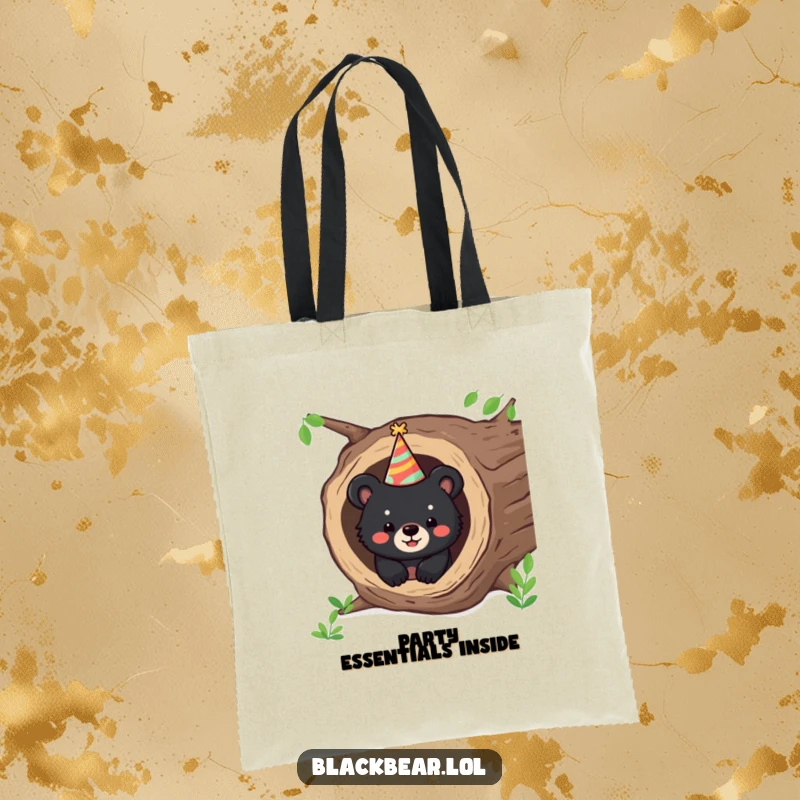 Funny tote bag with a happy black bear cub peeking from a hollow log, wearing a party hat, ready for fun.