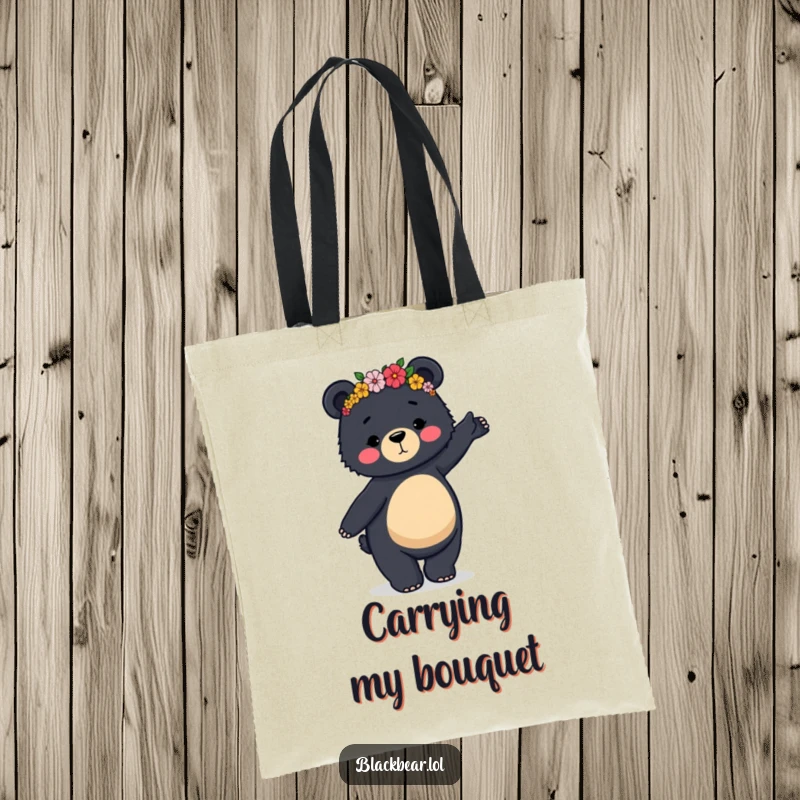 Funny tote bag showing a black bear in a flower crown doing a clumsy, graceful dance, practical and humorous.