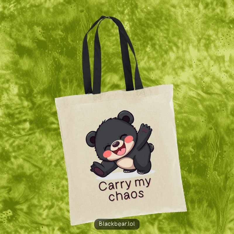 Funny happy black bear cub tote bag showing a cub joyfully tripping, ideal for carrying items with a dose of humor.