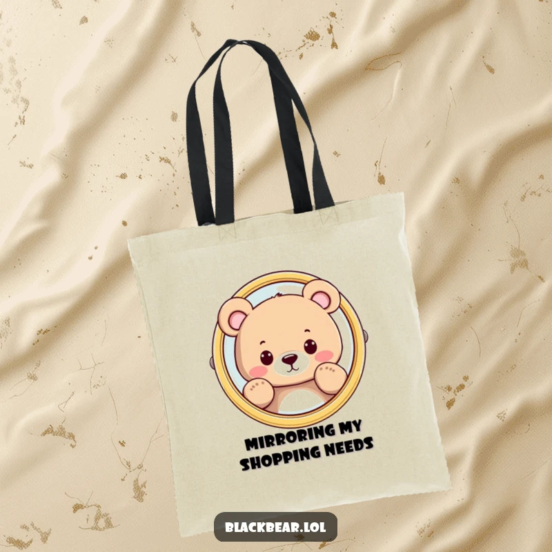 Funny bear character peeking from behind a shiny mirror, printed on a durable tote bag, perfect for a humorous carry-all.