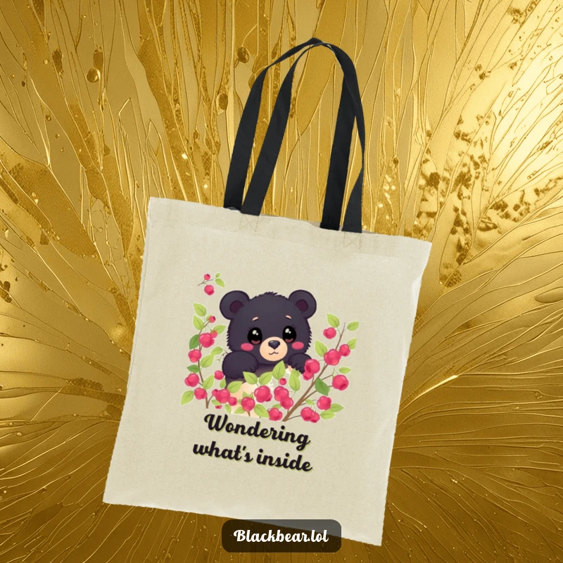 Funny black bear peeking from behind a berry bush, eyes wide with wonder on a durable tote bag. Curious and humorous forest animal illustration.